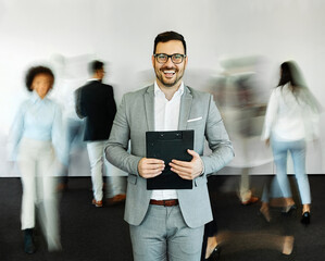 businessman man portrait business smart success confident office corporate  executive suit manager happy smiling teamwork blurred motion walking busy