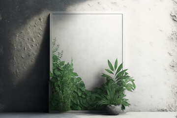 Sticker - Plants and a stone gray wall serve as the backdrop for the product presentation. Generative AI