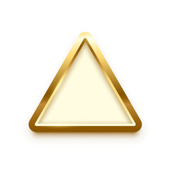 Wall Mural - White button in triangle gold frame vector illustration. 3d realistic shiny metal golden object on push click button for website, abstract badge element design or medal isolated on white background