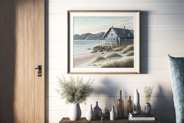 Wall Mural - mock up frame with a warm coastal home interior as a backdrop,. Generative AI