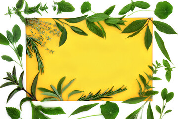 Wall Mural - Organic fresh green herb food seasoning and herbal medicine collection. Healthy food with white frame on yellow background.