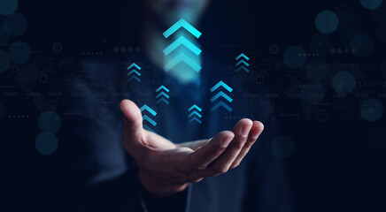Leinwandbilder - Growth arrows increase planning business target chart to successful. Businessman touching arrows analyst to leadership objective goal. Corporate strategy for finance, operations, sales, marketing...