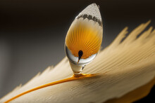 Photographing A Yellow Droplet On A White Feather Up Close. Generative AI