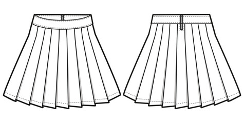 Pleated Skirt flat sketch fashion illustration drawing with front and back view, Pleated Mini skirt design cad vector template