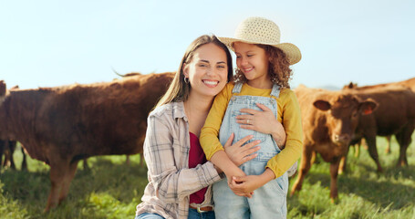 Poster - Farming, child and mother with kiss on a farm during holiday in Spain for sustainability with cattle. Portrait of happy, smile and travel mom and girl with love while on vacation on land with cows