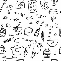 vector pattern of kitchen accessories and baking molds, hand-drawn in the style of a doodle.
