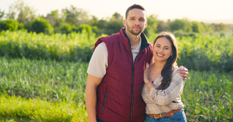 Poster - Agriculture, farm and portrait of eco friendly couple standing in sustainable, green and agro field. Sustainability, farming and happy woman and man on outdoor eco adventure together in countryside.