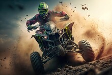 ATV Extreme Quad Cross MX Rider Riding On Sand Track Background, Generative Ai