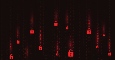 Fototapete - Code and Padlock red open on dark red background.Cyber attack and Information leak concept.Vector illustration.	 