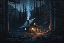 Forest Cabin In The Dark Woods At Night