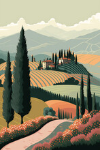 Tuscan Spring Vector Illustration, Spring And Summer Background, Landscape With Trees, Beautiful, Peaceful, Colourful, Farms, Flowers, Vineyards - Background For Banner, Greeting Card, Poster
