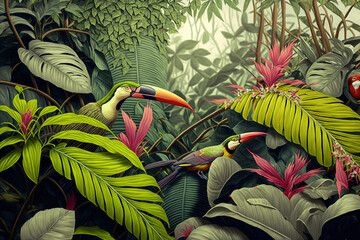 Wall Mural - Various tropical leaves and birds exotic wallpaper design . Sublime Generative AI image .
