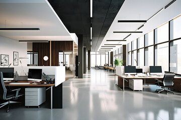 white and dark wood open space office interior