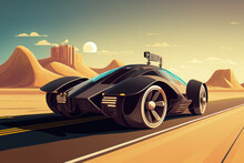 On A Roadway In The Desert, A Black Electric Vehicle Of The Future. Very Quick Driving Idea Of The Future. Generative AI