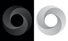 Set Of Circles With Lines. Lines In One Color With Different Opacity. Black Spiral On White Background And White Spiral On Black Background. Dynamic Design Element With 3 Parts.