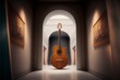 Wooden country guitar on display in an instrumental exhibition gallery of musical inventions