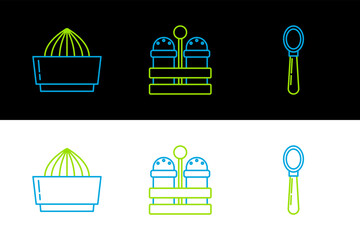 Sticker - Set line Spoon, Citrus fruit juicer and Salt and pepper icon. Vector