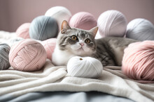 On A White Bed, A Striped Cat Is Having Fun With Some Thread Skeins And Pink And Grey Balls. Little Cat Resting On White Blanket Staring At Camera With Curiosity. Generative AI