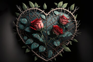 Wall Mural - Dark love heart made of roses and thorns fantasy illustration design