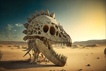 Dinosaur Fossil And Dragon Skull Bones In The Desert Sand Archeological Illustration