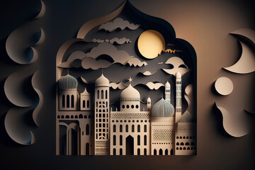 Wall Mural - Abstract oriental arabic islamic night city, Ramadan night. AI