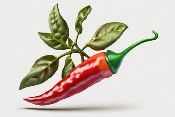 Poster - Red chili pepper pod on a green stalk, a hot condiment for Asian cuisine, isolated on a backdrop of white. Generative AI