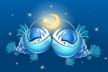 Wall Mural - Funny cartoon anglerfish night couple in love with star and moon lure. Sea animals. Sea fish. Valentine's day concept.