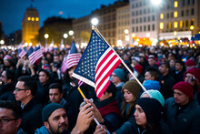 People Crowded Into The Street In The USA And Hold American Flags. Generative AI