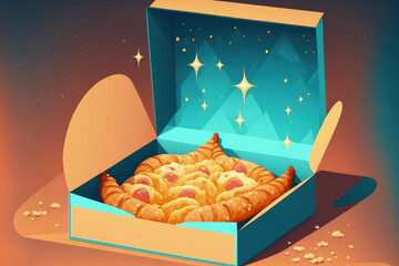 Canvas Print - Macro. French pastries. Almond croissants freshly made in a box. delicious croissants with space for copy. Concept for an online food delivery order. Generative AI