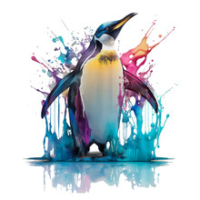 Emperor Penguin In Colorful Splashes. Watercolor Drawing.