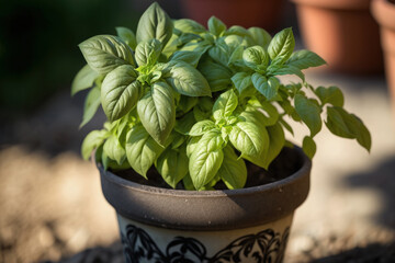 Poster - Potted Italian sweet basil plant growing in a garden pot at home and in the sunlight closeup. Generative AI