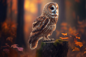 Wall Mural - Tawny owl in the forest in the fall. Aluco strix. Owl perches atop a downed tree trunk. Generative AI