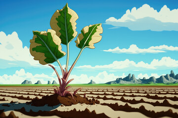 Poster - Field of sweet sugar beet growing with blue sky background. Selective focus. Generative AI