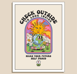 Vintage groove hippie inspiration poster or t-shirt design template with walking earth character and motivational slogan. Vector illustration