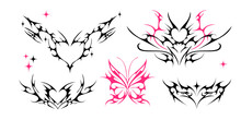 Neo Tribal Y2k Tattoo, Heart And Butterfly Shape. Cyber Sigilism Style Hand Drawn Ornaments. Vector Illustration Of Black And Pink Emo Gothic Tribal Tattoo Designs