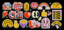Set Of Nostalgic Pop Art Sticker Pack. Collection Of Funny And Cute Emoji And Vintage Lettering Badges And Graphic Elements Isolated On Black Background. Vector Illustration