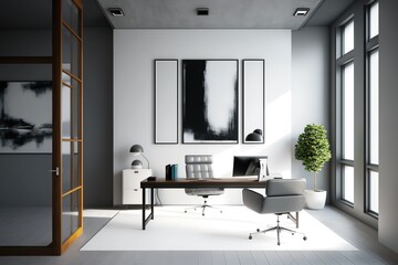 industrial office 3d render. with picture behind the desk. concrete floor and black steel structures. Furnished with wooden furniture and leather armchairs - Generative AI