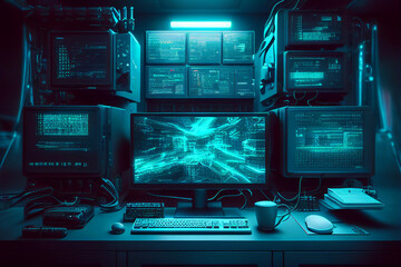 Wall Mural - computer desk and screens in an office workspace for cctv surveillance in a virtual environment to e