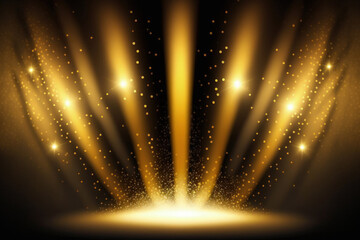 Wall Mural - stage lighting and floor lights with golden glitter. Display your mercise against an abstract gold background. Realistic ray of the spotlight. Generative AI