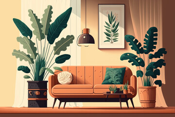 Wall Mural - Sofa and table with houseplant in interior of light living room. Generative AI