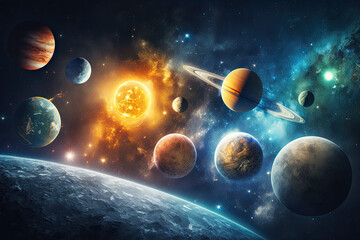 Wall Mural - fantastic diagram of the solar system with the sun and planets in space. generative ai