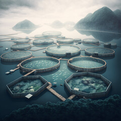 Poster - Top view of a fish farm. Generative AI.