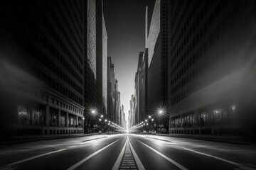 Canvas Print - a cityscape shot in black and white of Chicago. From the center of the street, the picture is taken. Generative AI