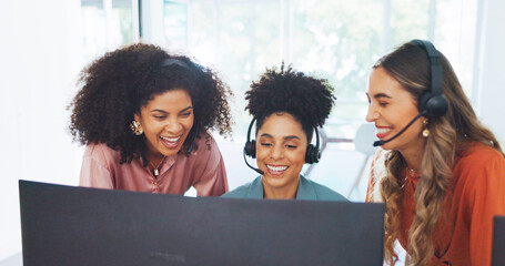 Canvas Print - Call center, high five and business people applause for success, telemarketing sales or achievement. Teamwork, customer service and group of women clapping in celebration of victory, goals or targets