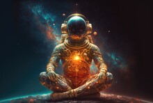A Space Meditation Of An Astronaut Sitting In A Lotus Pose In The Middle Of A Nebula. Spiritual Esoteric Mood 