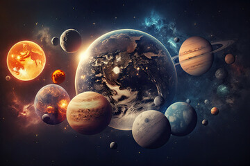 Wall Mural - diagram of a fantastic universe with planets and stars in space. generative ai