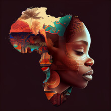 Africa, An Art Image Of Mainland Africa With A Black African Woman.