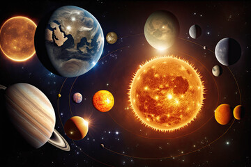 Wall Mural - unreal fantastic scheme of the solar system with the sun and planets in space. generative ai