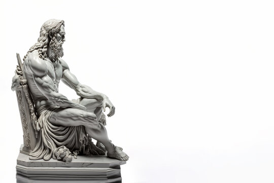 Greek god sculpture, statue of a man made from marble on white background with copy space for text. AI generated image.