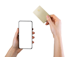 Mobile phone mockup for bank app. Hands holding smartphone screen mock-up, paying online with credit debit card, shopping online